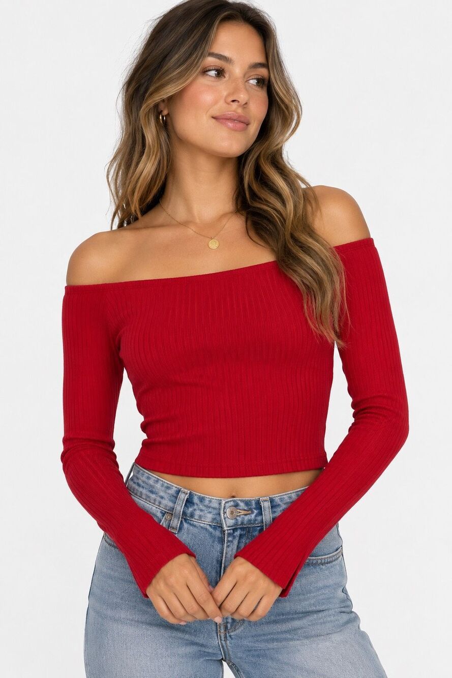 H&M Red Ribbed Off Shoulder Long Sleeve Crop Top Size Small